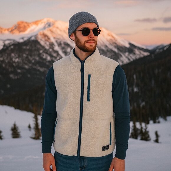 Eddie Bauer Ivory Sherpa Teal Fleece Lined Vest Holiday Cozy Cabin Mountains XXL - Picture 1 of 11
